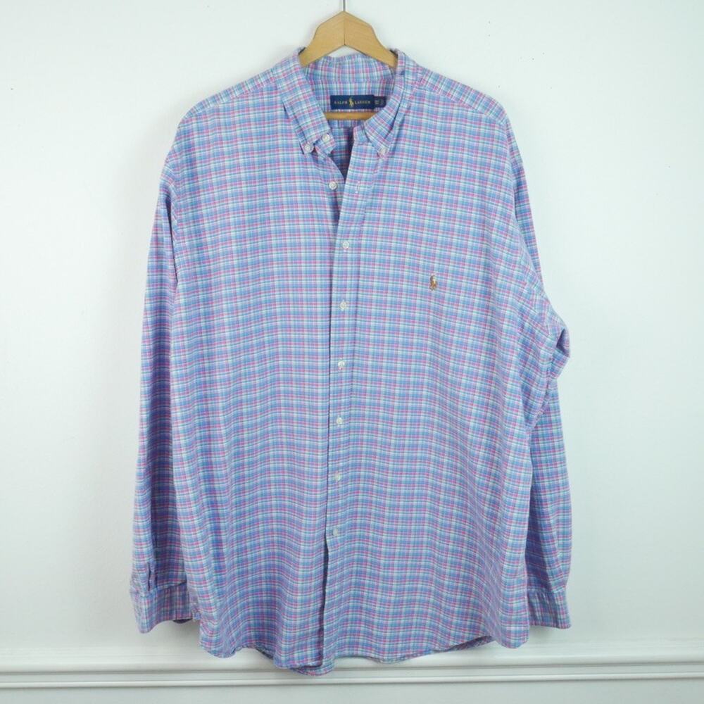 Ralph Lauren 2XLT Button Down Shirt‎ Flesh Pony Long Sleeve Pastel Plaid Preppy